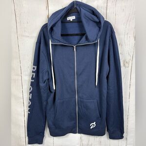 Peloton Men’s Hoodie Full Zip Navy Blue Sweatshirt Logo Blue Spellout Sleeve